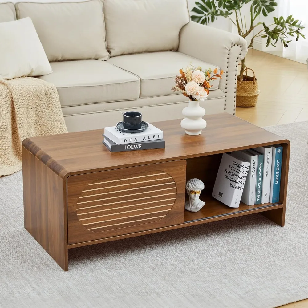 43.3" Walnut Modern Coffee Table with Sliding Door Storage, Farmhouse Style for Living Room