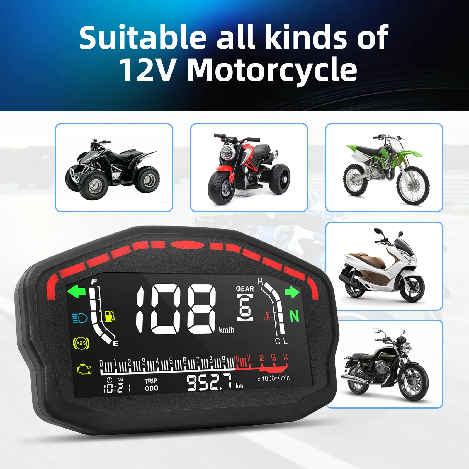 Motorcycle Speedometer Digital Board Dash Universal For 1 2 4 Cylinders Motorbike 0-14000r/min Odometer Gauge Gear Adjustable