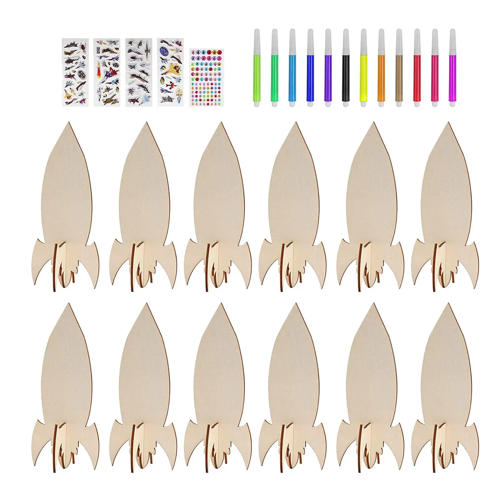 12Pcs Unfinished Wooden Cutouts Ornaments Home Decoration Embellishments Rockets