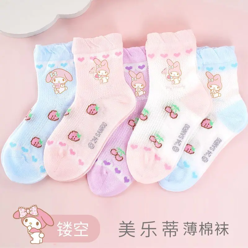 5Pcs Sanrio Kuromi My Melody Anime Kawaii Children Socks Cute Cartoon Cinnamoroll Mesh Breathable Cotton Stocking Kids Gifts