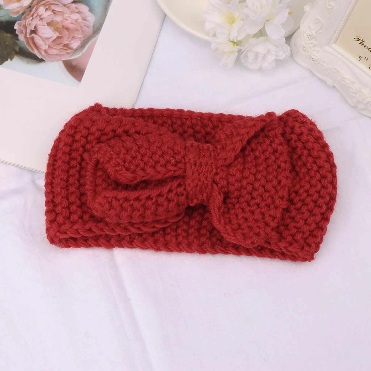 

2Pcs Bowknot Headband Knitted Warm Hair Hoops Thichen Hair Band Women Headdress Fashion Headwear Purplish Red