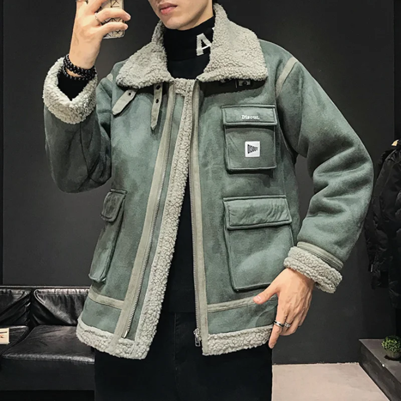 

Autumn Winter Handsome Lapels Large Size Wool Lining Fur A Loose and Comfortable Coat Cotton Fashionable Urban Men Everyday Coat