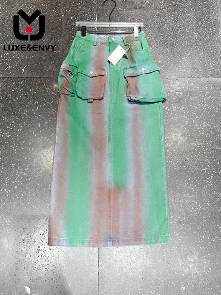 

LUXE&ENVY Line New Design Sense Tie Dye Color Matching High Waisted Slimming Denim Skirt Women 2023 Summer