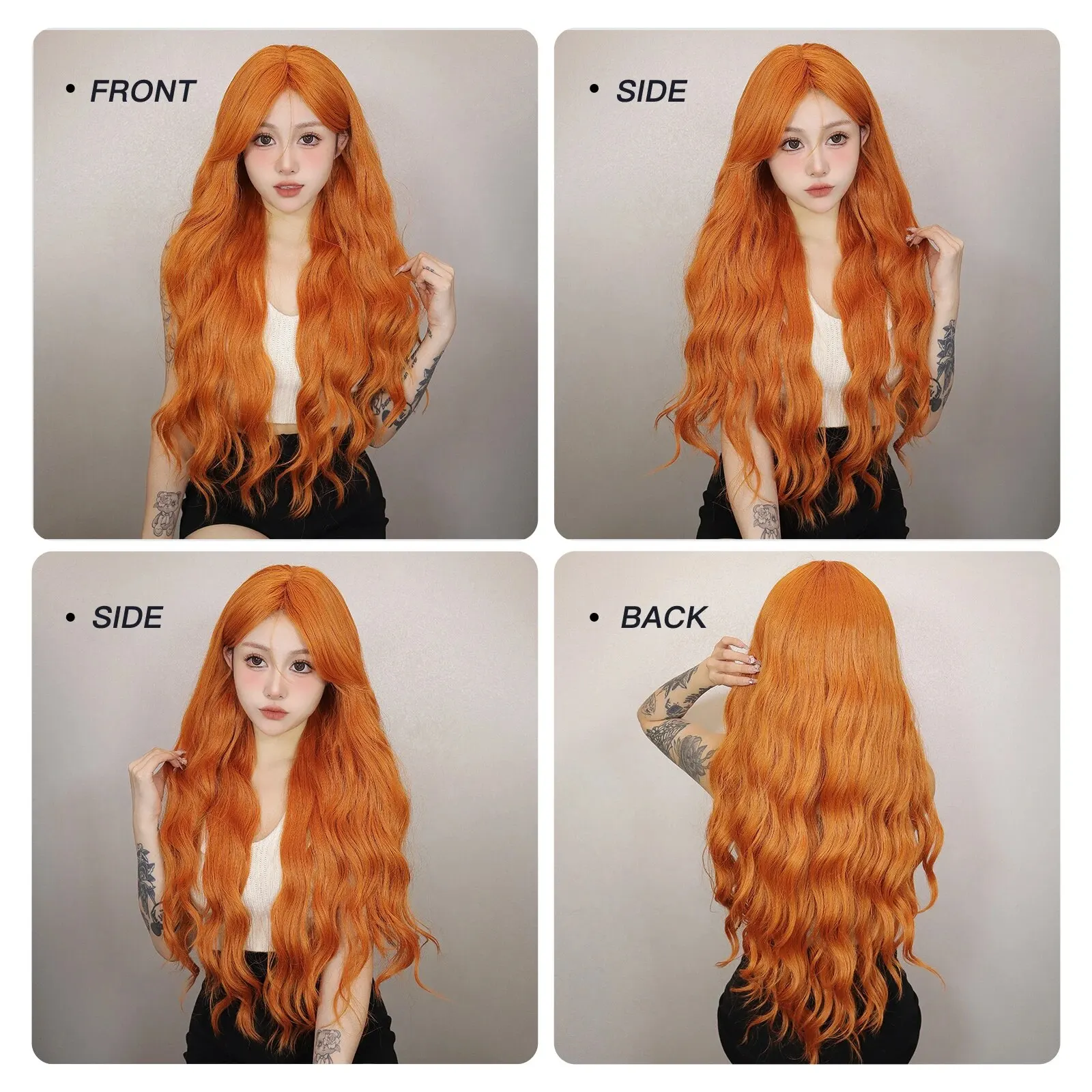 Long Water Wave Orange Synthetic Wigs for Women Wavy Natural Hair Wigs with Long Bangs Cosplay Party Wigs Heat Resistant_voghion.com