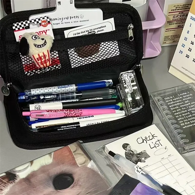 Ins Black and White Checkerboard Grid Large Capacity High Value Storage Pencil Bag Stationery Box 20cm pencil cases pen storage bag stationery box