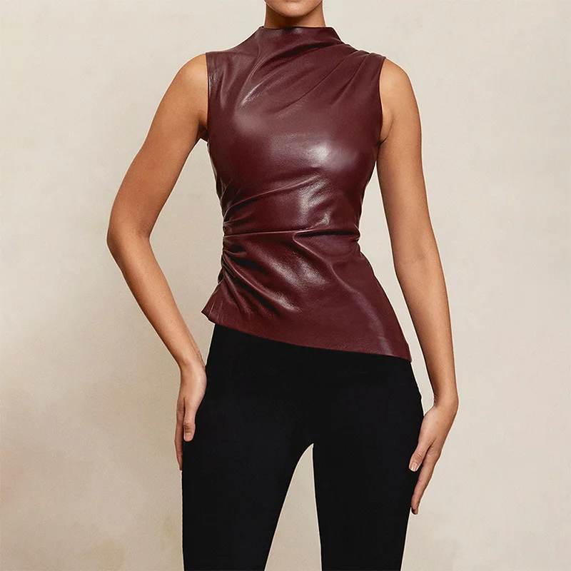 Minimalistische Y2K-Retro-Pu-Weste für Damen mit hoher Taille, schmaler Passform, Florkragen, personalisiertes, schräges, ärmelloses Oberteil – Detail 15