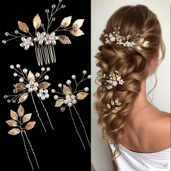 4Pcs Flower Hairpin Side Comb Sets Wedding Hair Accessories Leaf Shaped Tiaras Bride Insert Hair Clip Jewelry Fashion Headwear 1
