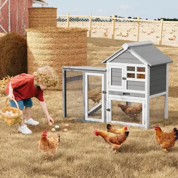 Rabbit Hutch Chicken Cage Indoor and Outdoor, 2-Story Rabbit Cage with Pull Out Tray, Wood Pet House with Ramp, Waterproof Roofs 6