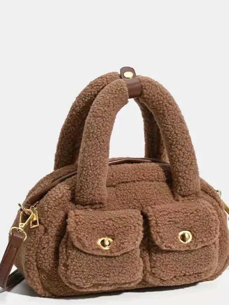Women's Fashion Lamb Wool Retro Shoulder Bags Autumn Winter New Handbag Cute Patchwork Purse Messenger Bag Casual Crossbody Bags