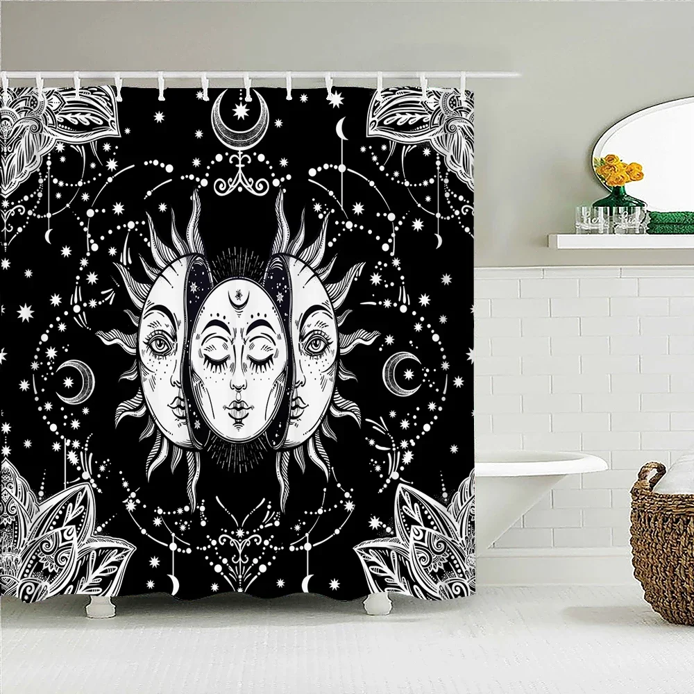 

White Black Colorful Sun Moon Fabric Shower Curtain Bathroom Curtains Mandala Waterproof Polyester Bath Screen with 12 Hooks
