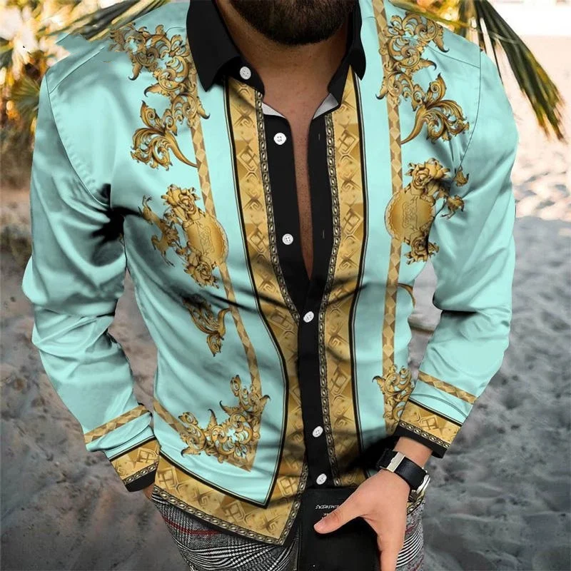 

Retro Printing Long Sleeve Men Shirts Spring Autumn Casual Turn-down Collar Button Cardigan Tops Mens Fashion Clothes Streetwear