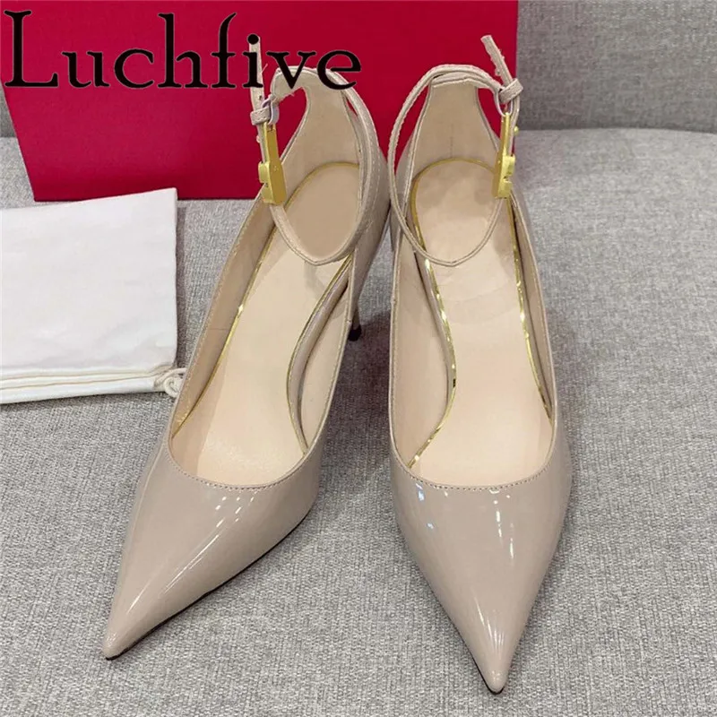 

2022 Summer New Patent Leather Thin High Heels Sandals Women Pointy Toe Buckle Strap Shoes Brand Sexy Party Dress Shoes