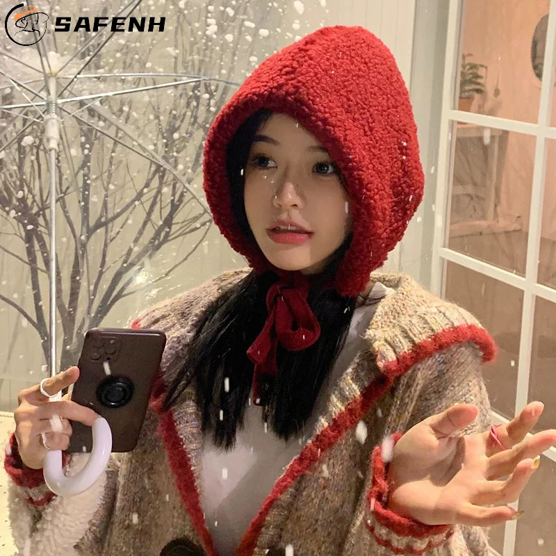 New Trend Ear Protection Hat Cute Beanie Women Winter Warm Plush Lacing Strap Hats Casual All-match Caps