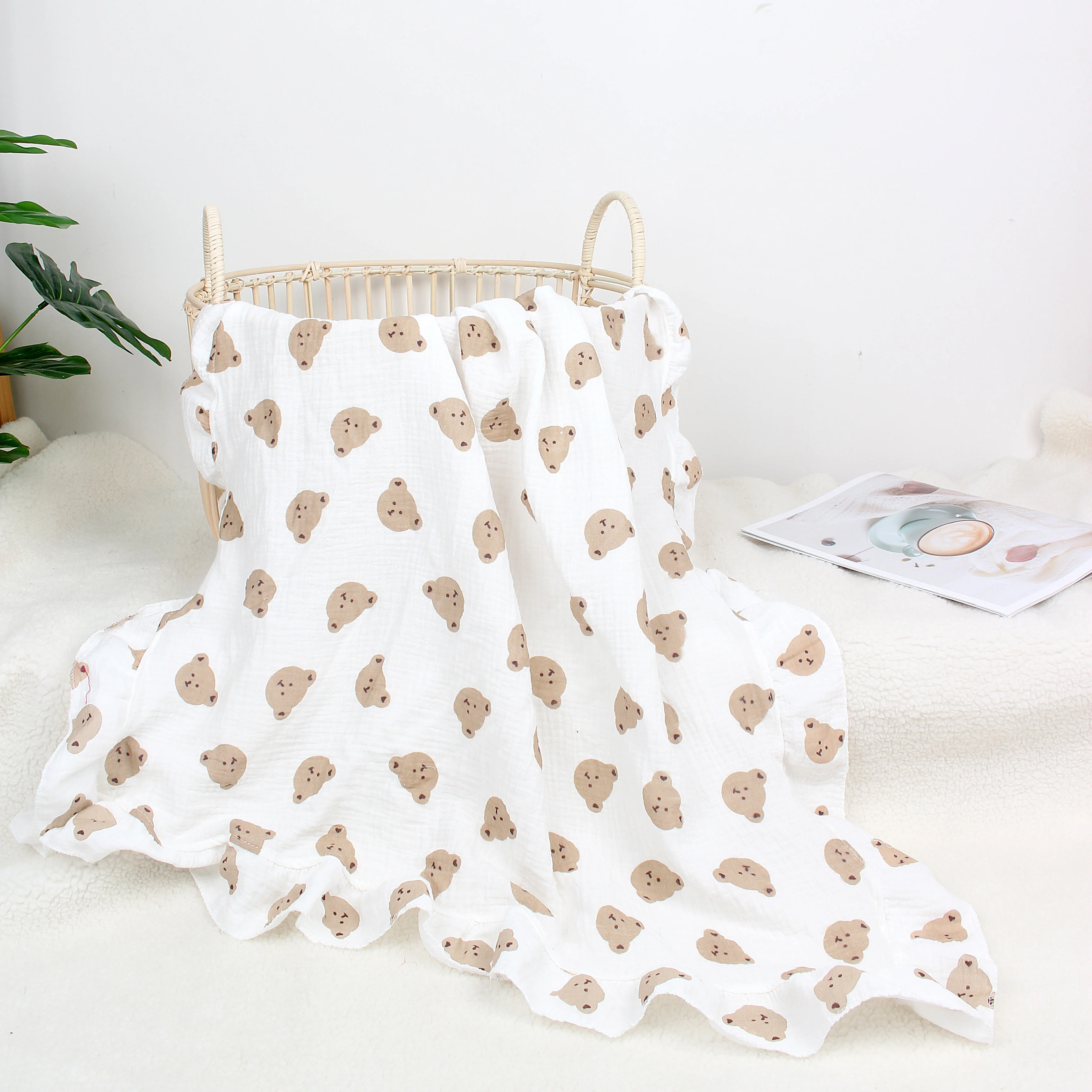 Baby  Organic Cotton Wrap Gauze Ruffle Baby Blanket Newborn Security Muslin Swaddle Blanket 2
