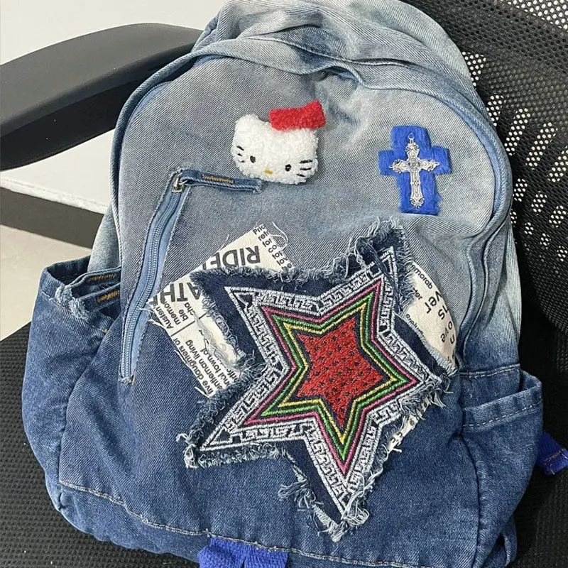 

Sanrio Hello Kitty y2k School Bag Large Capacity Computer Backpack High-School Student Outdoor Travel Leisure Bag Denim Knapsack