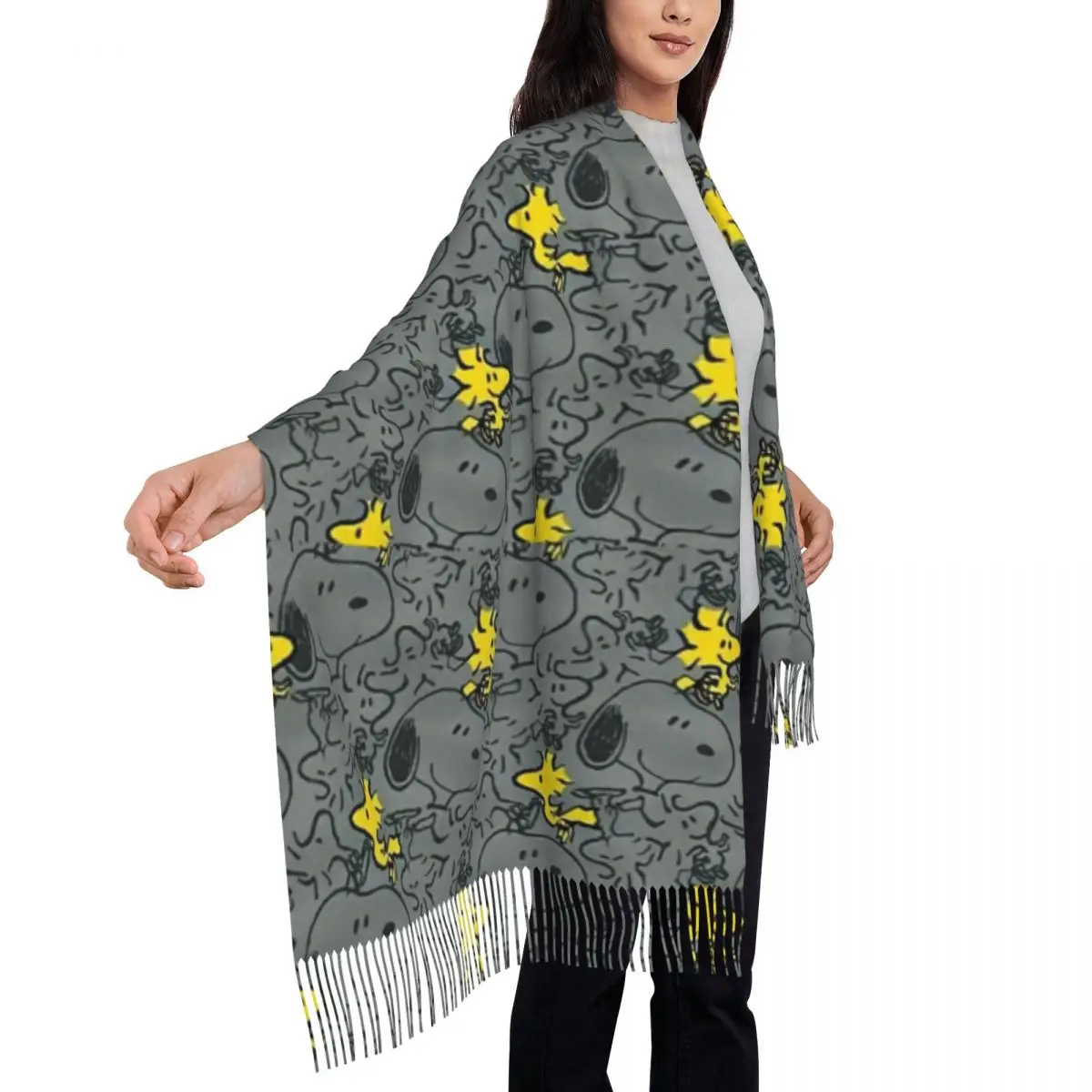 Custom Ladies Long S-Snoopys Woodstock Anime Pattern Scarves Women Winter Fall Thick Warm Tassel Shawl Wrap Scarf 4