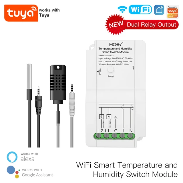 WiFi Smart Temperature Humidity Switch Module Sensor Dual Relay Output Smart Life App Wireless Controller Work with Alexa Google 1