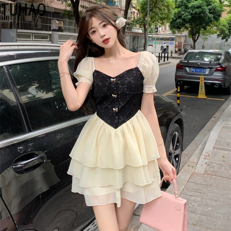 

TUHAO Women Girl Sexy Elegant Dress Women Short Puff Sleeves A-line Shirring Mini Sexy Holiday Vintage Fashion Tunic Dresses
