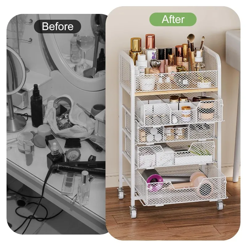 Rolling Makeup Cart Organizer with 4 Drawers, Floor Skincare Organizers with Wheels, Cosmetics Display Cases, 4