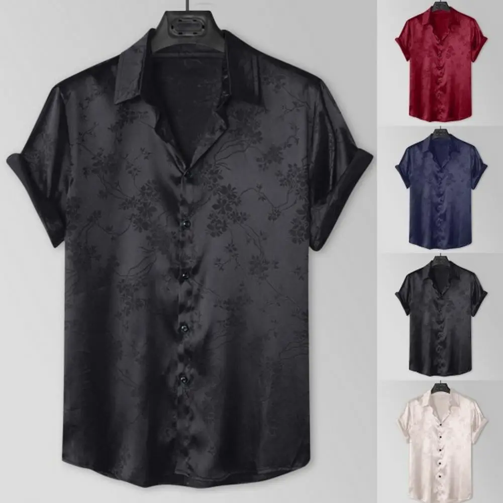 

Summer Men Shirt Turn-down Collar Single-breasted Short Sleeve Loose Satin Applique Button Casual Daily Wear Mid Length Top