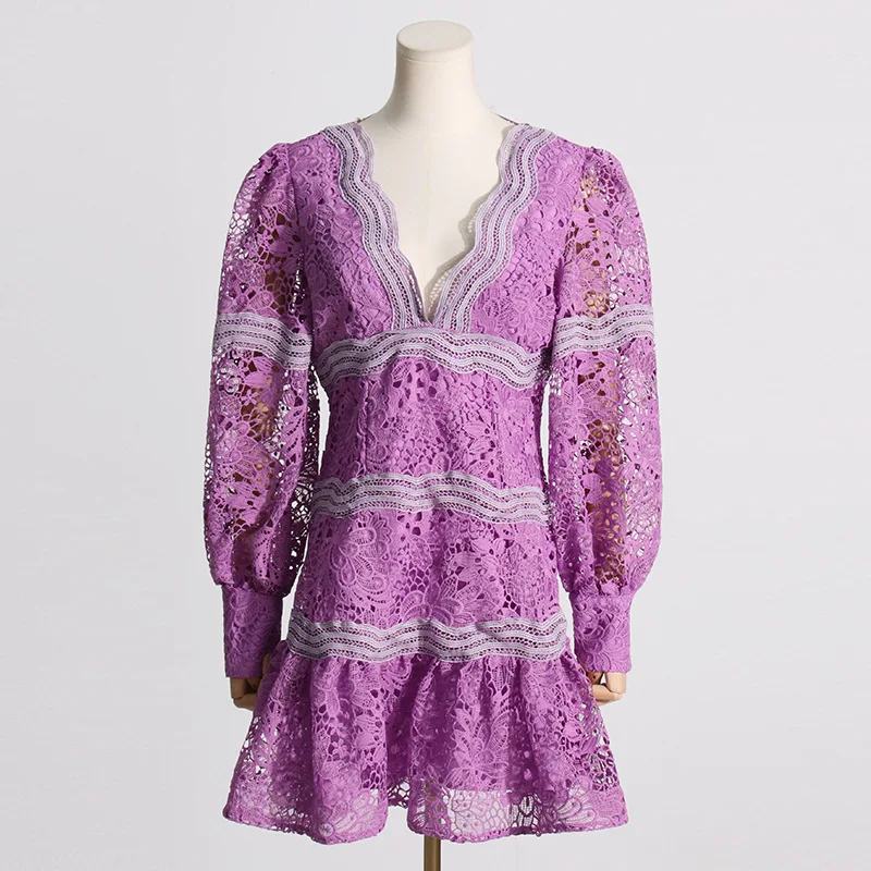 

HIGH STREET Newest Fashion Summer 2023 Women's Sexy V-neck Lantern Sleeve Patchwork Guipure Lace Mini Dress