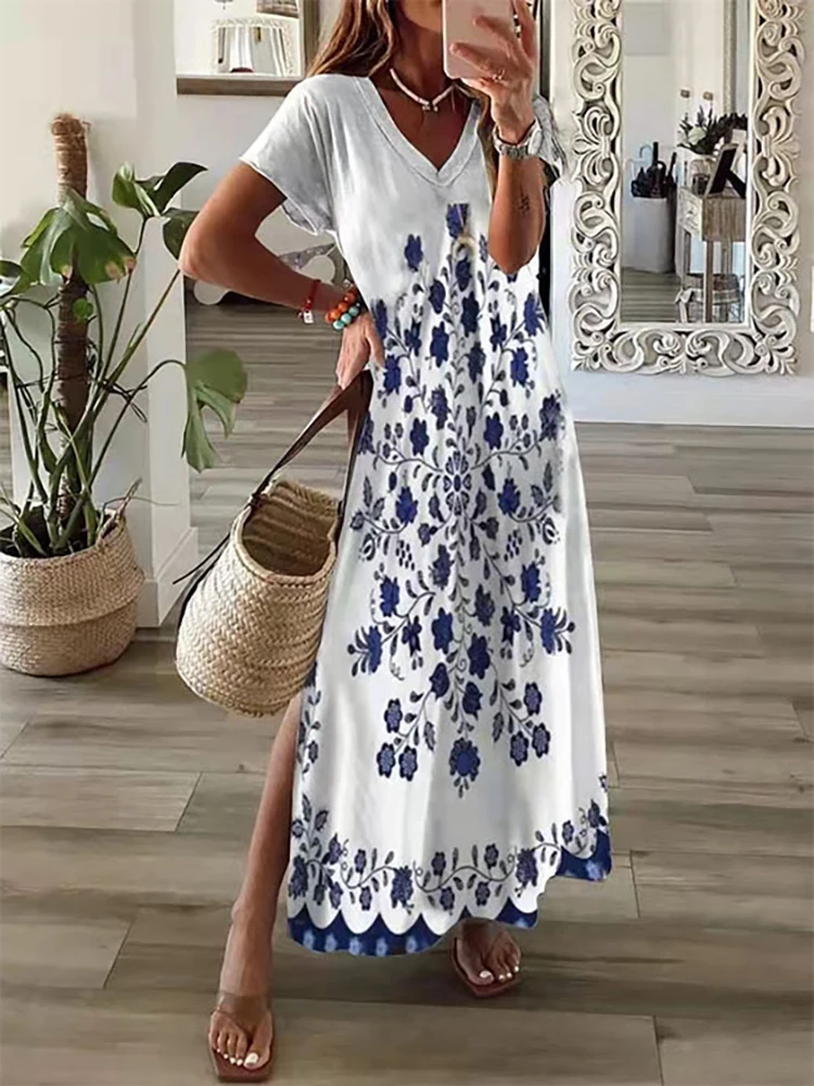 Rambling Elegant Womens Maxi Dress Floral Printed Summer Short Sleeves Casual Tunic Long Maxi Loose Dress 