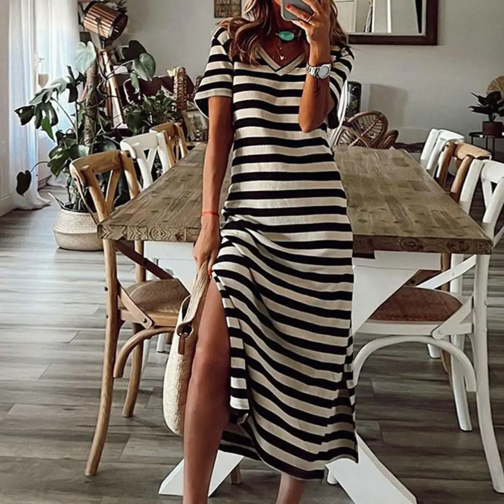 

Striped Dress Lady Midi Dress Elegant Striped Print Midi Dress V Neck Short Sleeves Slim Fit Mid-calf Length for Office or Party