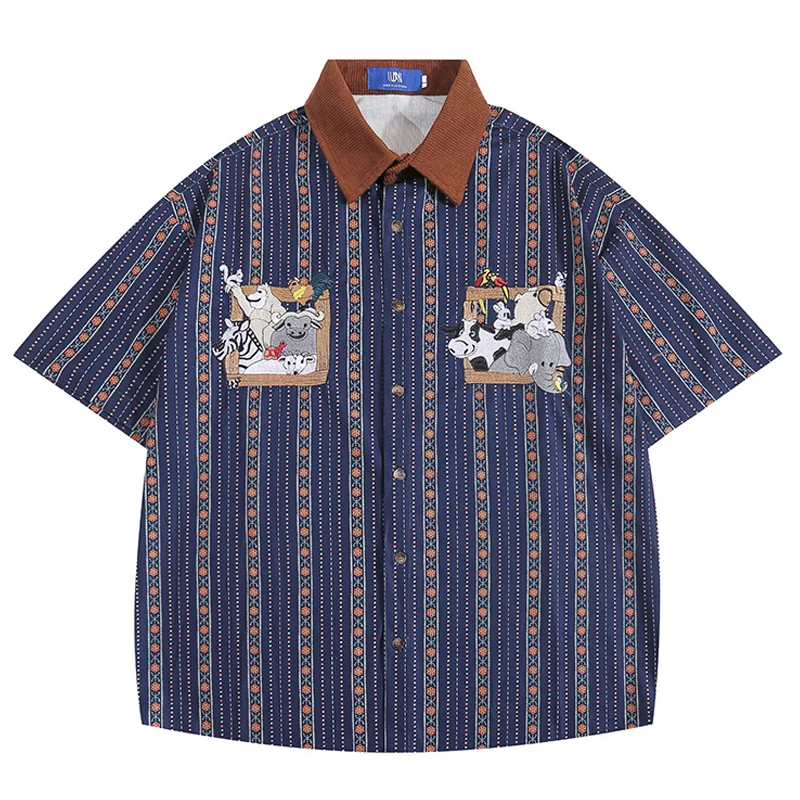 

Рубашка мужская хлопковая с вышивкой, уличная одежда в винтажном стиле ретро, с мультяшным принтом, в полоску, Повседневная в стиле Харадзюку, с коротким рукавом, в китайском стиле, на лето