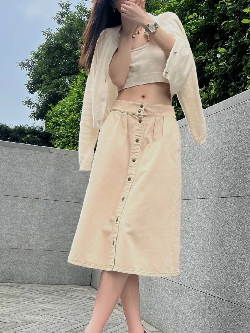 

2023 New Women Denim Skirt Single Breasted A-line High Waist Midi Jupe