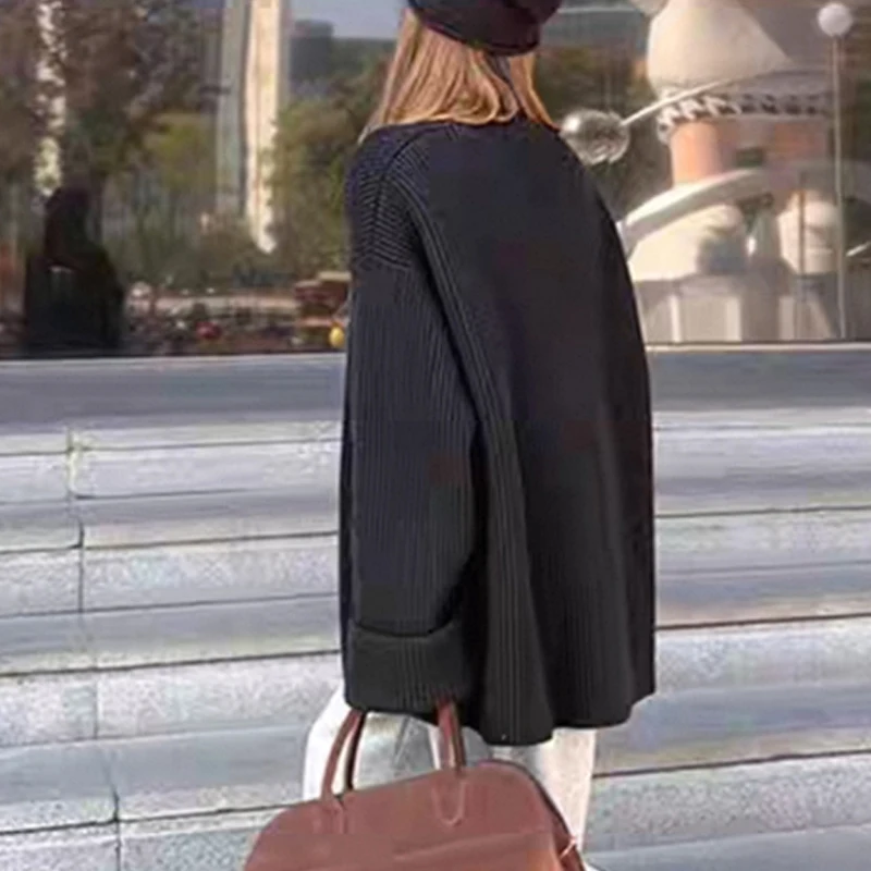 Women's New Fashion Cardigan Sweater Casual Solid Color V-neck Button Single-breasted Knitted Medium and Long Coat