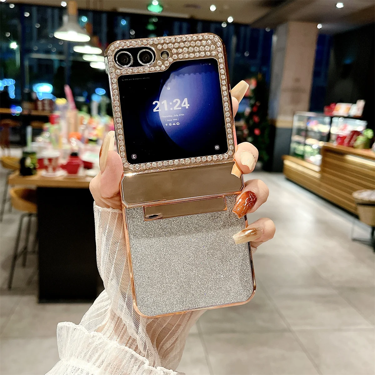 Coque de téléphone Samsung Galaxy Z Flip 5 4 3 5G, garniture en cuir Pu scintillante avec strass, charnière plaquée, couverture arrière en plastique_voghion.com