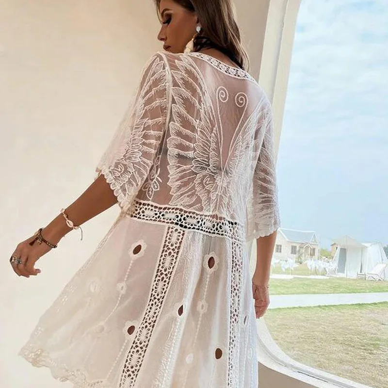 White Cover Ups Women Bikini Beach Dress Mini 2023 Summer Loose Lace Swimwears V Neck 3/4 Sleeve Pullover Tops
