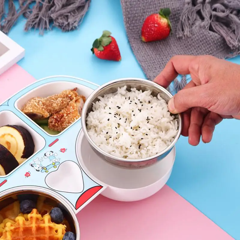 Stainless Steel Baby Feeding Bowl Children Tableware Set Cute Cartoon Car Shape Eating Training Dishes Plate with Spoon Fork
