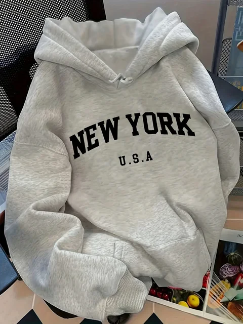 Relaxed Fit Women's Hoodie NEW YORK U.S.A. Lettering Pullover Sweatshirt Fashion Casual HipHop Sweatshirt Harajuku Unisex