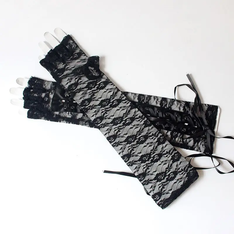 Women Long Lace Gloves Elegant Summer Princess Formal Ribbon Fingerless Mittens for Wedding Party Pageant Costume Favor lace gloves wedding dress gloves wedding sleeve accessories