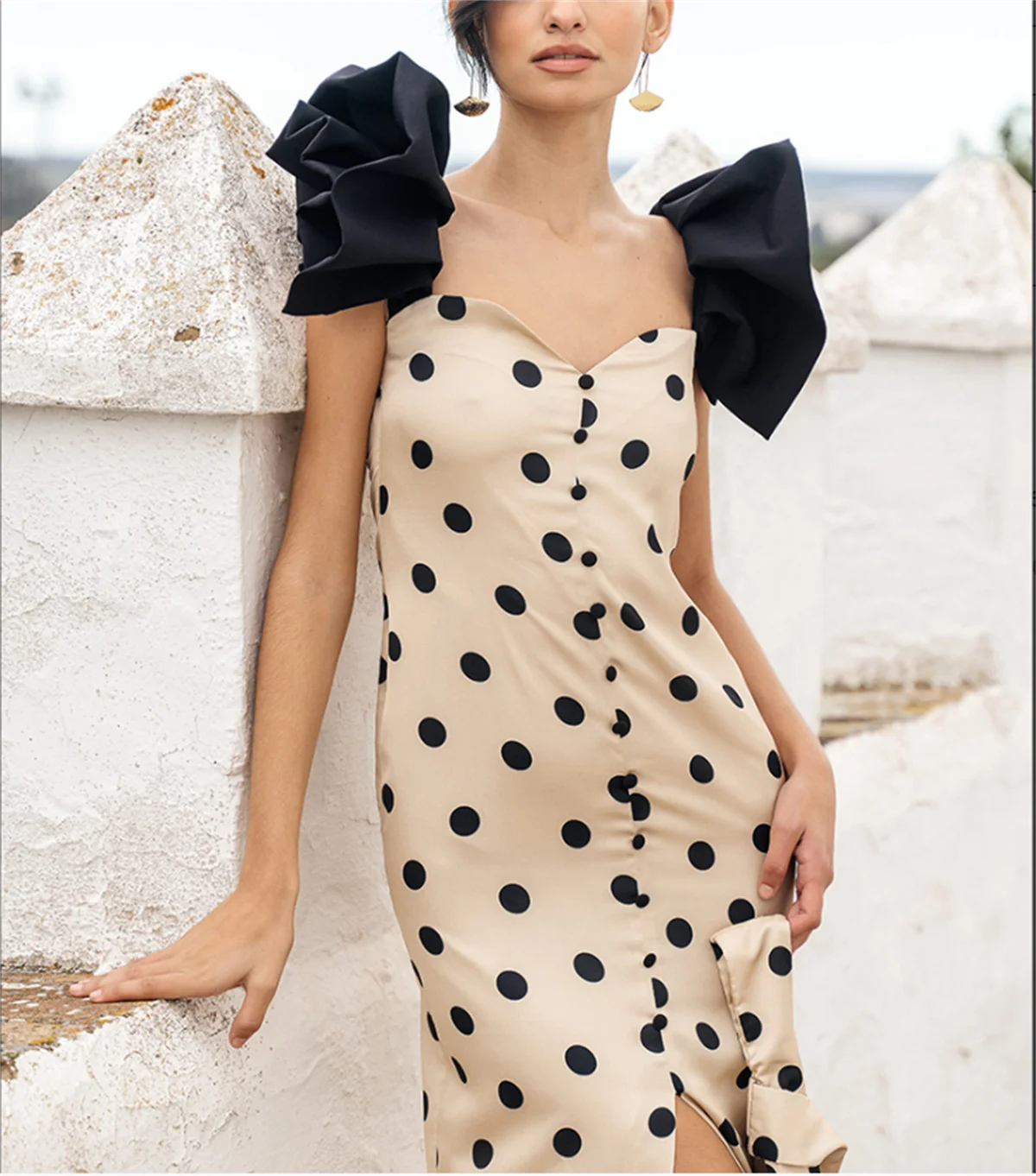 

Stylish Black Polka Dot Evening Dress Round Neck to Calf Length Prom Dress Special Occasion Elegant vestidos de fiesta elegantes