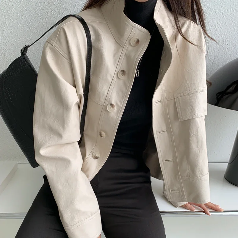 

Beige PU Leather Jacket Woman Autumn Winter Streetwear Single Breasted Leather Coat Female Korean Chic Corp Jacket Stand Neck