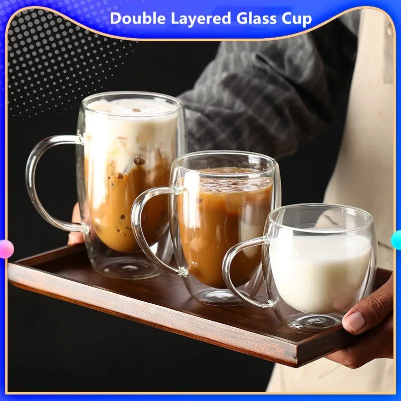 

Glass Double Layer Cup High Borosilicate Transparent Milk Juice Coffee Mark Water Cup Office Egg shaped Cup with Handle Gift