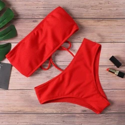 2024 Trendy High Waist Strapless Padded Bikini - Chic Women's Swimwear in Solid Colors - S (Red)
