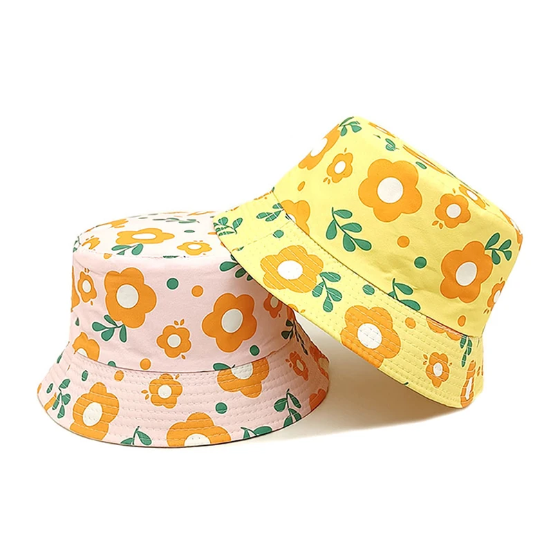 Bocca Children Bucket Hat Flower Print Fisherman Hats Girl Kids Panama Cap Cartoon Double Sides Child Caps Summer Sun Outdoor