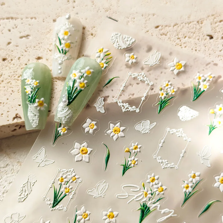 White Daffodils Butterfly 5D Soft Embossed Reliefs Self Adhesive Nail Art Stickers Lily Flowers 3D Manicure Decals