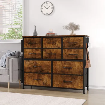 Dresser of Chest For Bedroom With 10 Fabric Storage Drawer Wardrobe Chest Organizer Clothes Cabinet Furniture  with Side Pockets