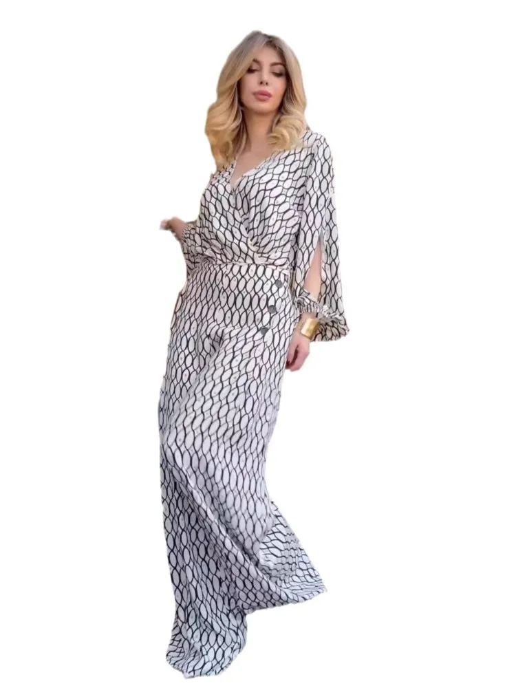 Fashion Print Pants Sets Women V-neck Long Sleeve Cropped Top High Waist Wide Leg Trousers Two Piece Set Female Trend Streetwear