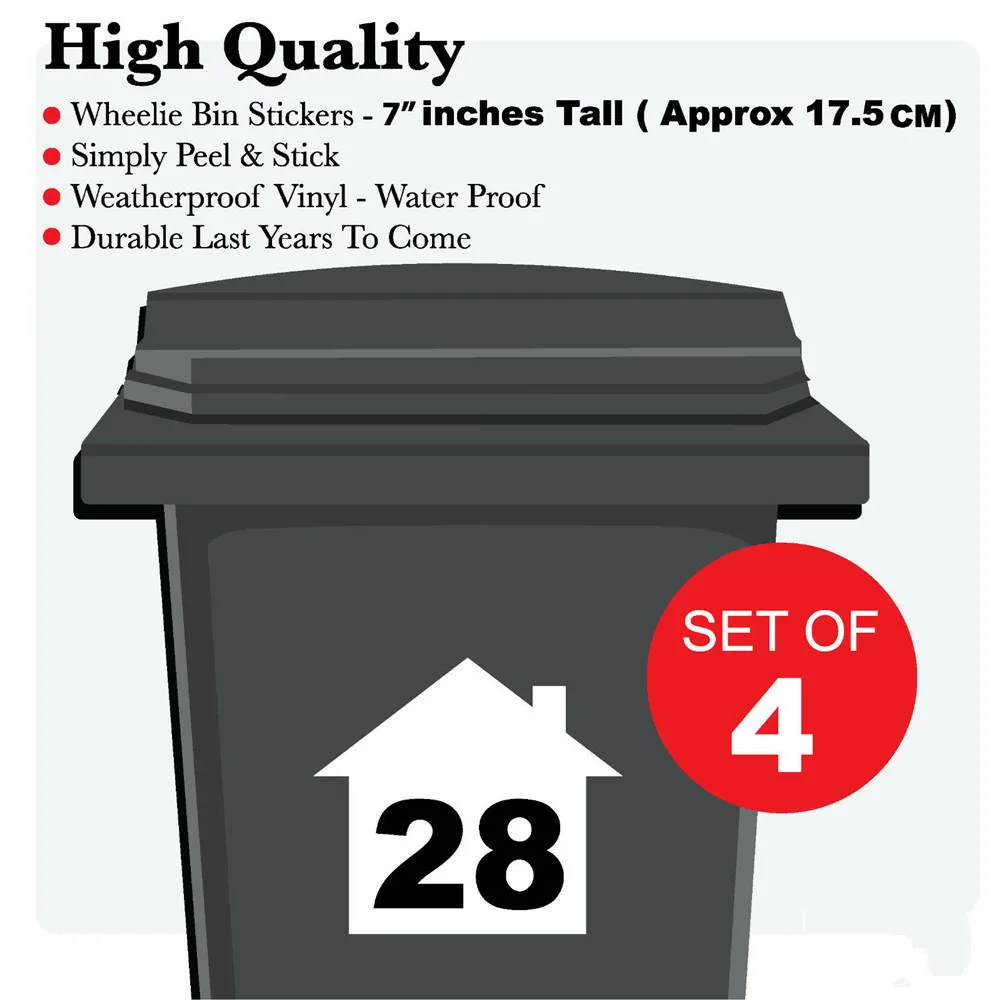 4 X Wheelie Bin Numbers Custom House Number Vinyl Graphic Stickers