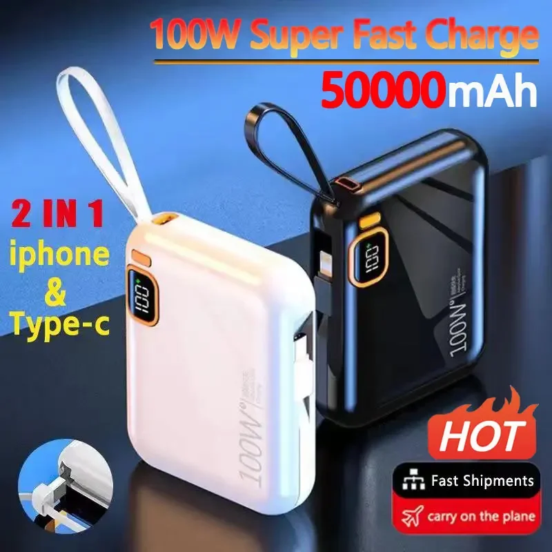 

50000mAh Portable Power Bank PD100W Detachable USB to TYPE C Cable Two-way Fast Charger Mini Powerbank for iPhone Xiaomi Samsung