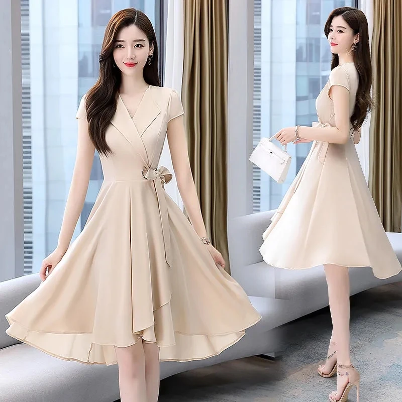 Elegante V-Hals A-Lijn Midi-Jurk Vrouwen Zomer Koreaanse Mode Elbise Bandage Jurken Met Korte Mouwen Plus Maat 4xl Vestidos De Mujer