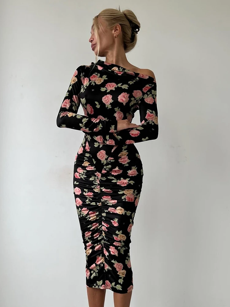 Nibber Rose Print Dress Women Asymmetrical Collar Peach Buttocks Folds Long Sleeve Elegant Banquet Stretch Hipster Vestidos
