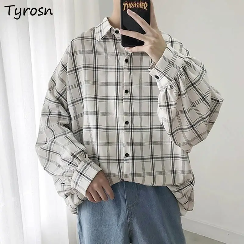 

Plaid Shirts Women Batwing Sleeve Bf Unisex Harajuku Vintage Streetwear Hip-hop All-match Chic S-3XL Classic Clothing Chemise