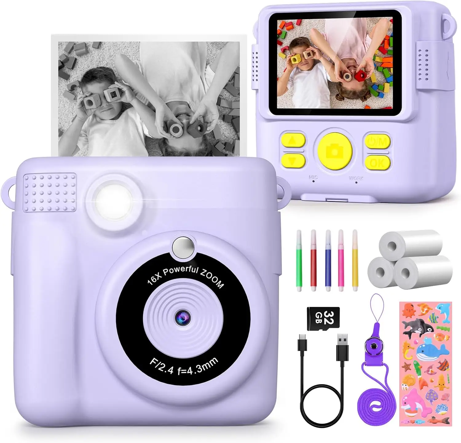Macchina Fotografica Istantanea Bambini GKTZ | 1080P HD Con Stampa, 14 Filtri, 32GB E 3 Rotoli Carta, Regalo 4-12 Anni