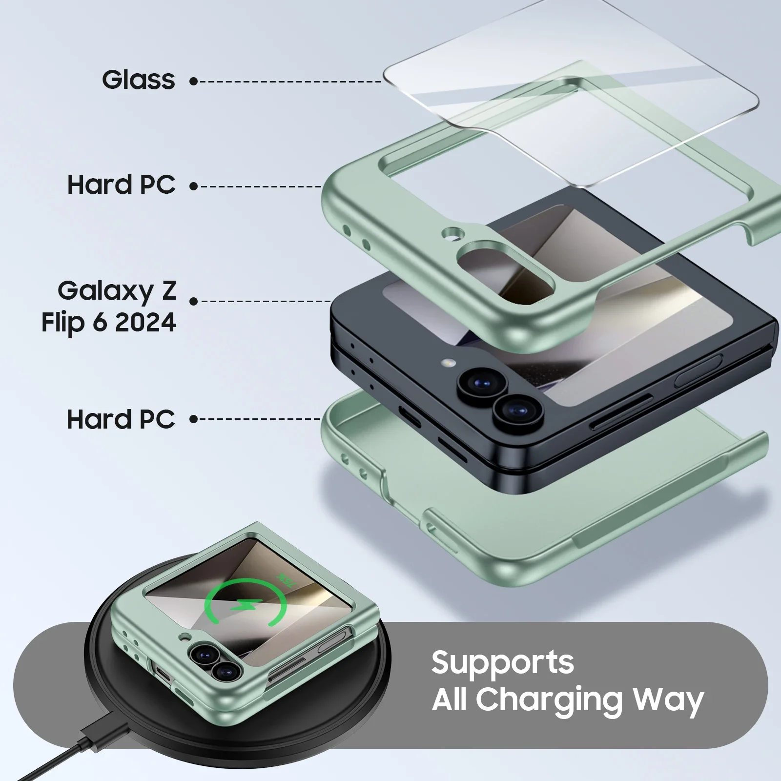 Light Green Rugged Shockproof Phone Case with Hinge Protection and Integrated Protective Film
